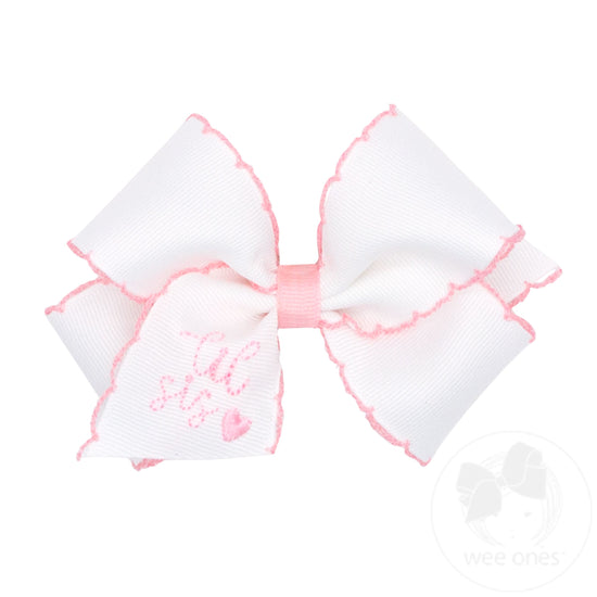 SMALL KING GIRLS HAIR BOW WITH MOONSTITCH TRIM AND LITTLE SIS EMBROIDERED ON THE TAIL