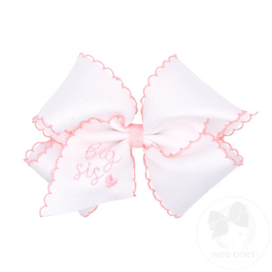 SMALL KING GIRLS HAIR BOW WITH MOONSTITCH TRIM AND BIG SIS EMBROIDERED ON THE TAIL