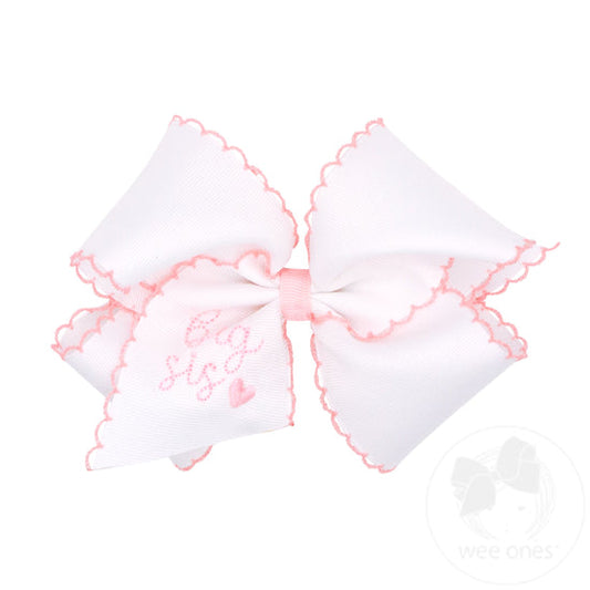 SMALL KING GIRLS HAIR BOW WITH MOONSTITCH TRIM AND BIG SIS EMBROIDERED ON THE TAIL