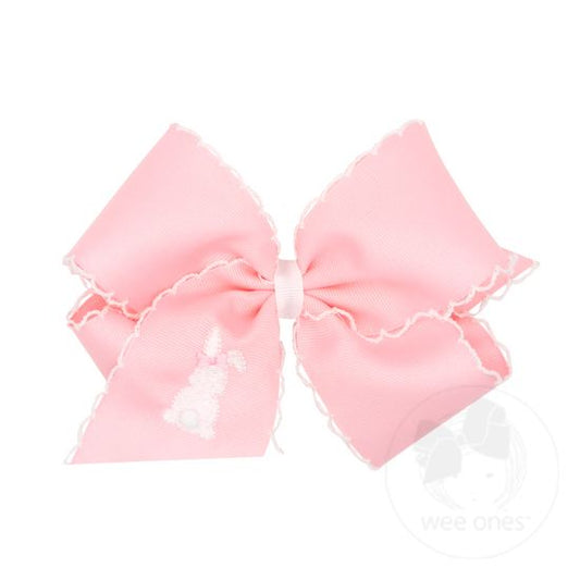 King Pink Grosgrain Bow with Moonstitch Edge and Easter-inspired Embroidery on Tail
