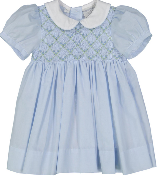 Rosebud Diamond Smocked Dress - Blue and White