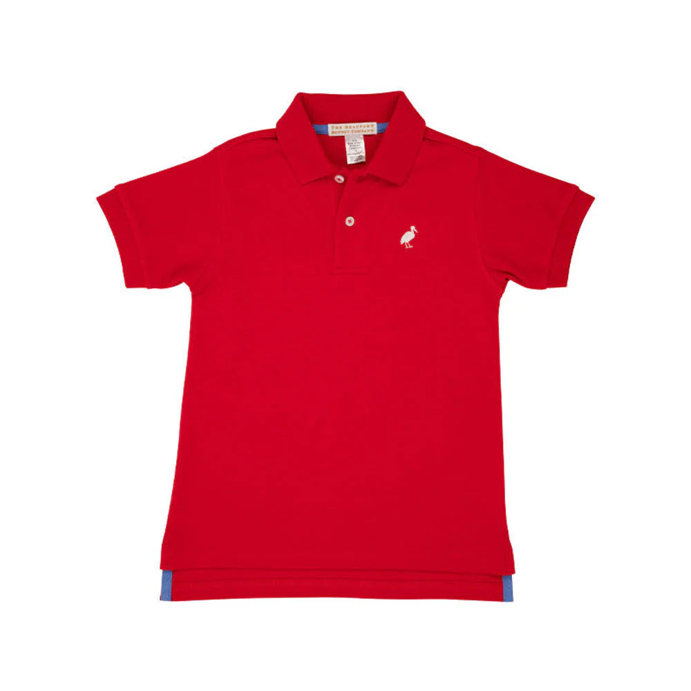 Prim and Proper Polo Short Sleeve - Richmond Red Stripe With White Blue Stork