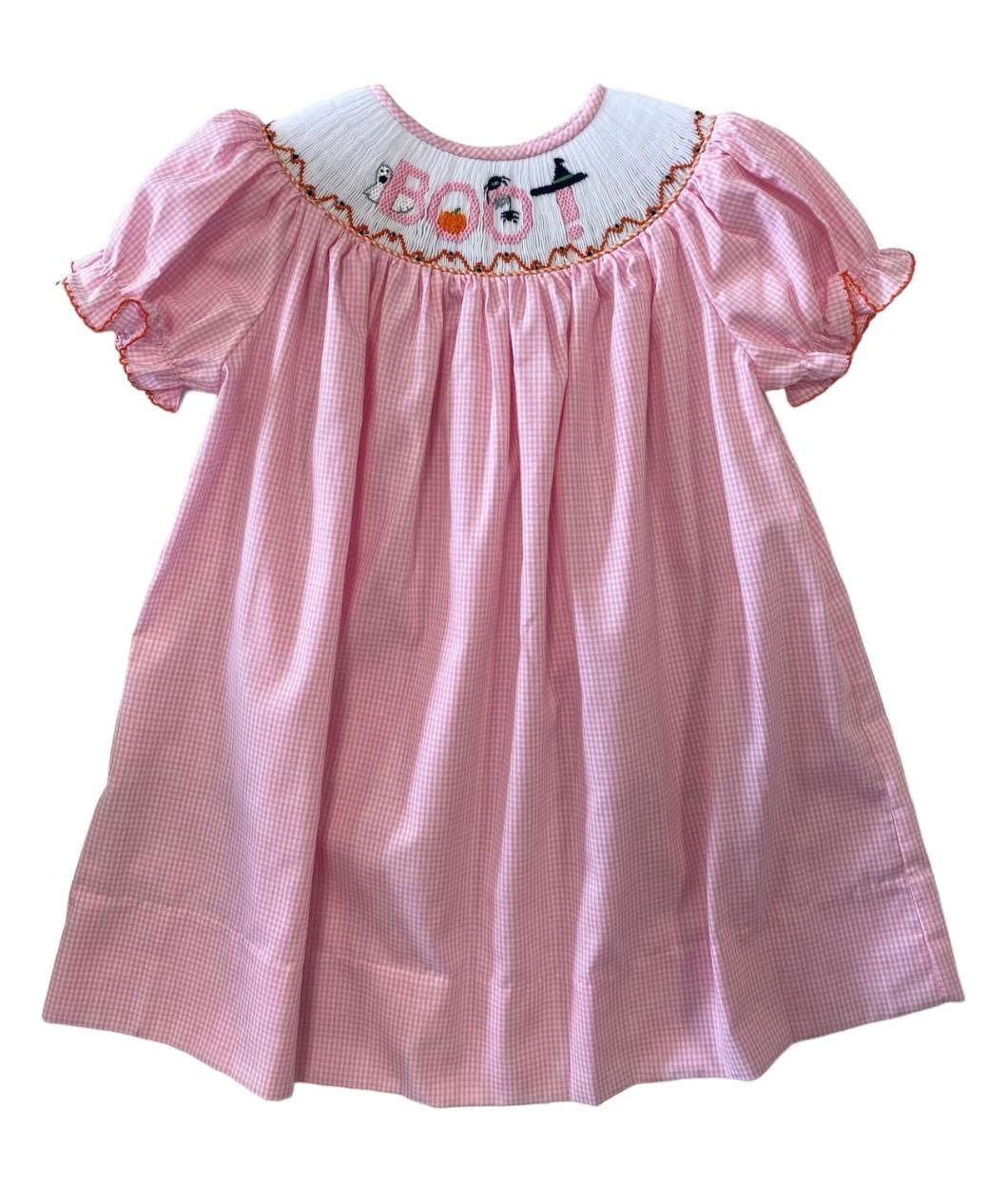 Boo Light Pink Gingham Smocked Bishop