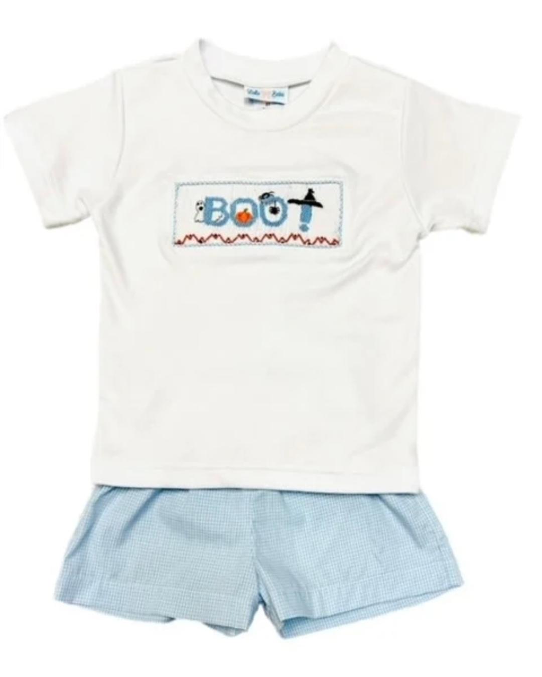 Boo Light Blue Gingham Smocked Boy short set