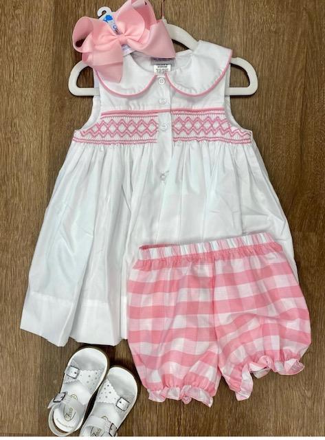 Pink and White Smocked Dress (Bloomers up to size 5 included)